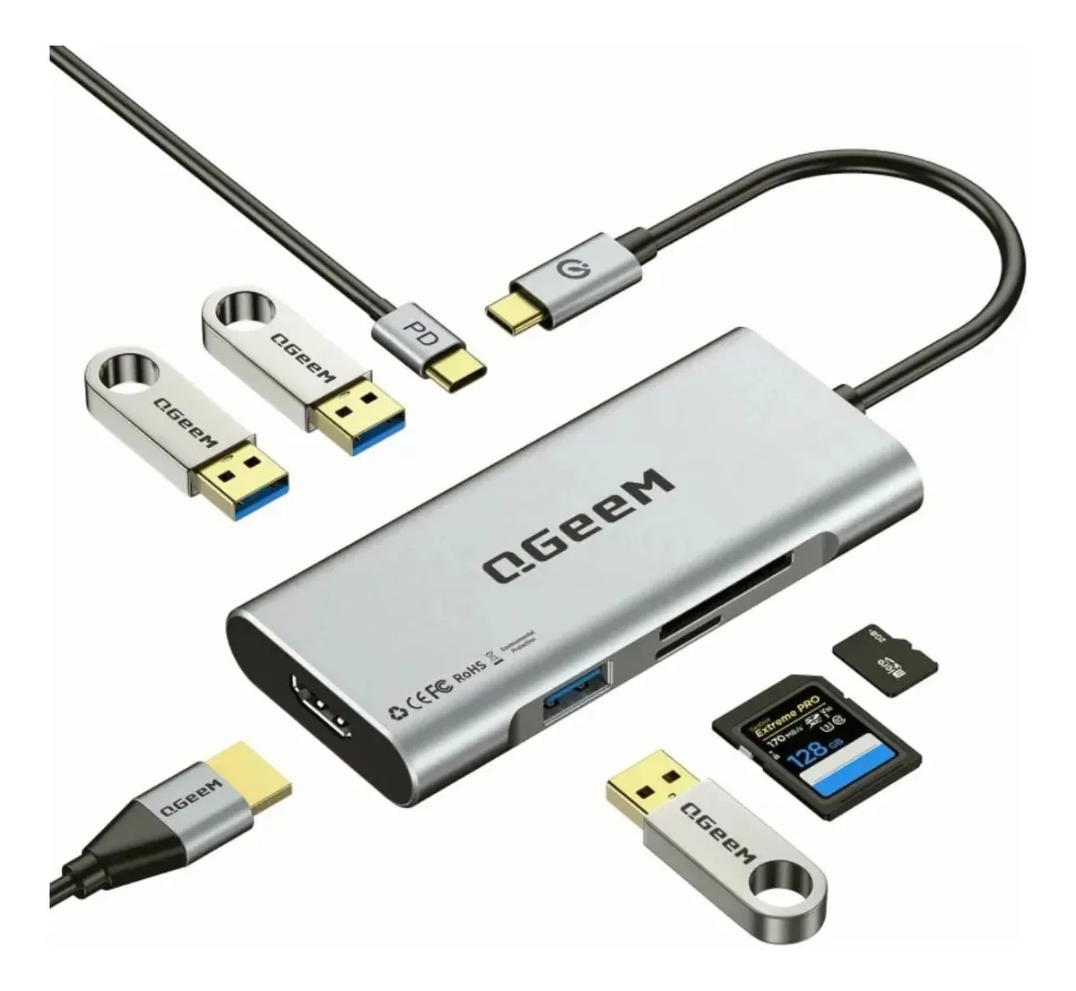 Hub USB Qgeem Hub USB-C Multipuertos prateado