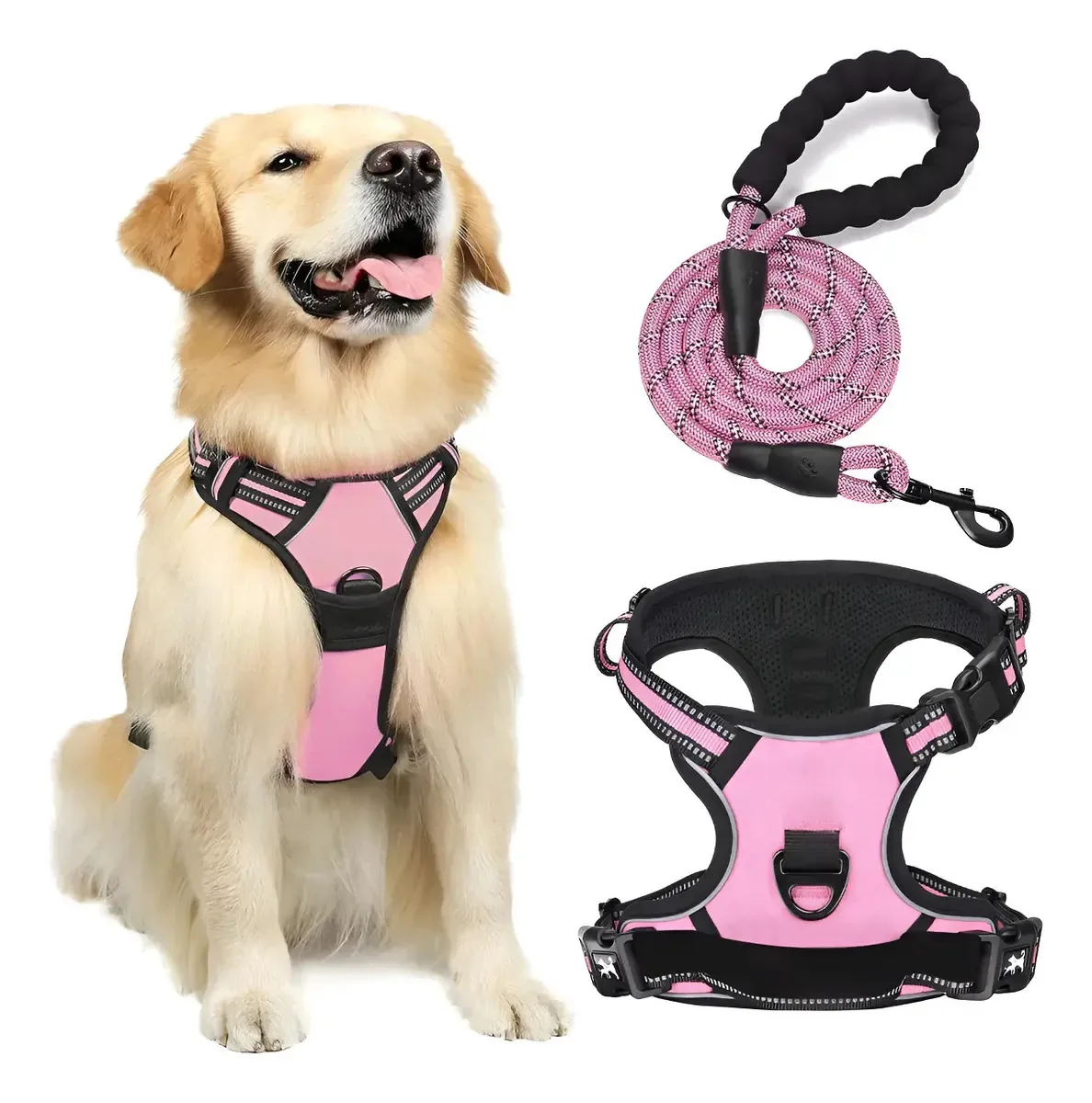 Arnês ajustável para cães com faixas refletivas, arnês rosa, tamanho M