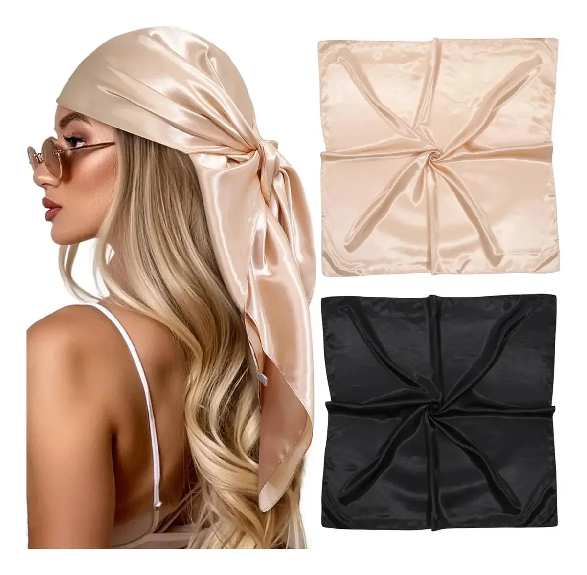 2 peças de bandanas quadradas de seda para mulheres, cachecóis 90 × 90 cm