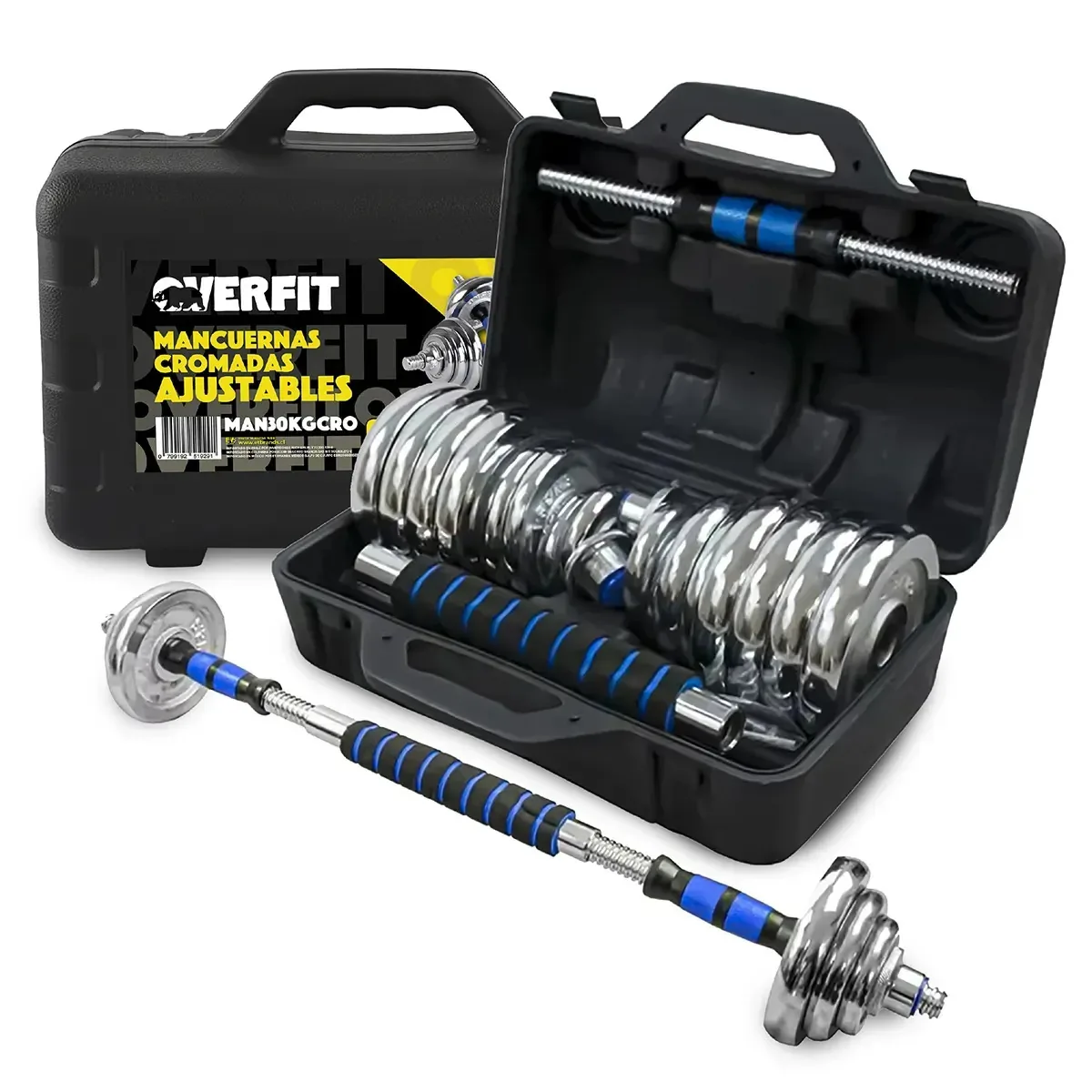 Halteres cromados ajustáveis de 30 kg e barra unible Overfit, cor cinza