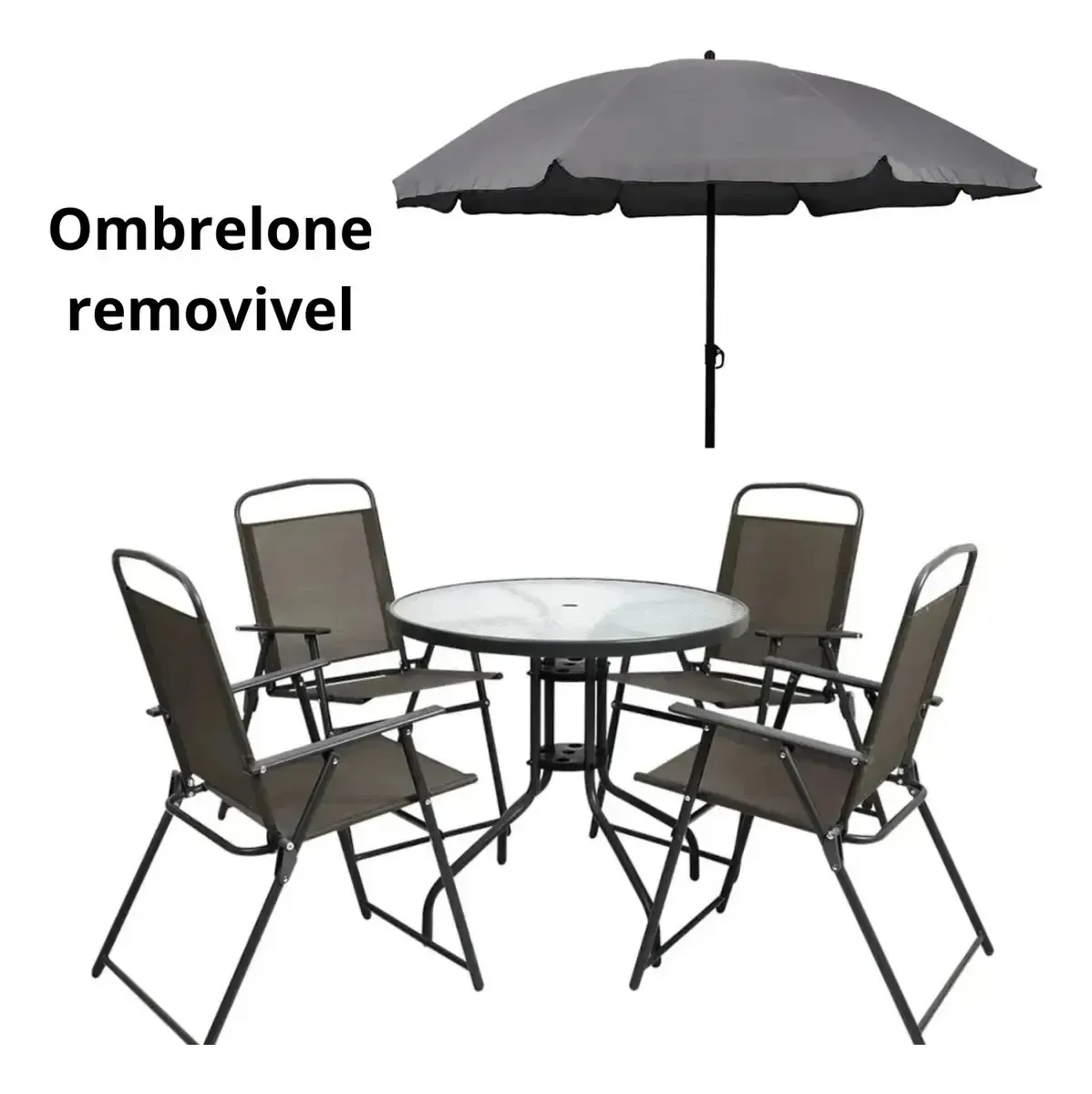 Conjunto Mesa Tampo De Vidro Cadeiras Ombrelone Praia Jardim Cor Cinza