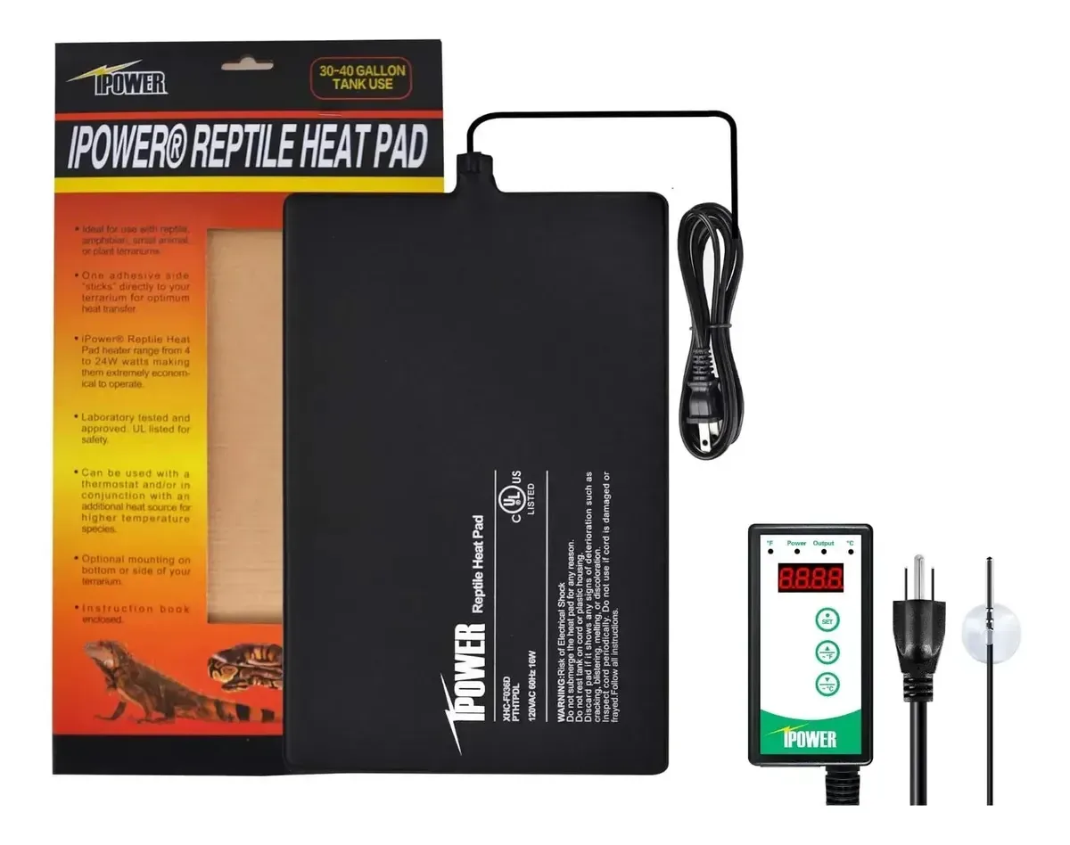 Almofada de aquecimento Ipower de 8 x 12 polegadas, 16 watts, para terrários e répteis, para debaixo do tanque, com termostato digital