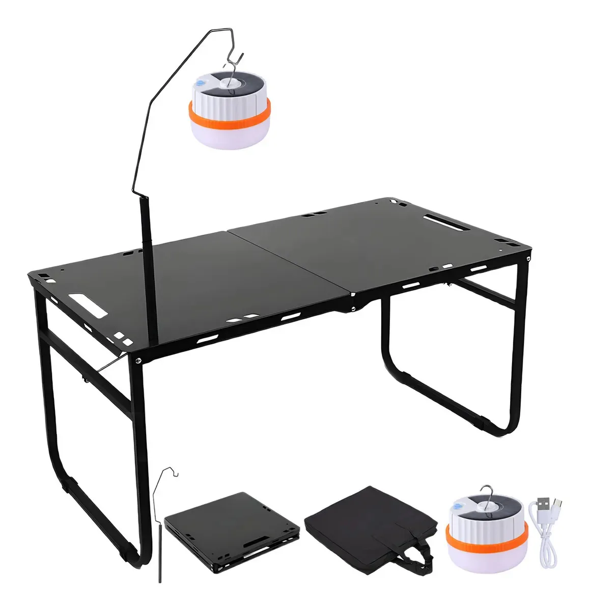 Mesa de aço dobrável tática portátil para jardim com lâmpada preta