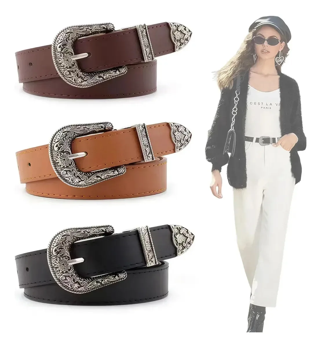 3 cintos elásticos, fivela jeans vintage ajustável em poliuretano, acessórios femininos, cinto moderno feminino para calças e saias, 3 cores, 105 cm, tamanho único