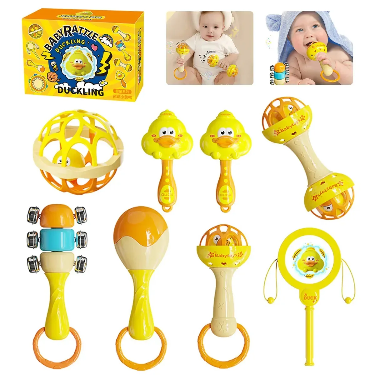 Brinquedos para bebês, estimulação precoce, chocalhos e mordedores, The Yellow Ducky, 8 unidades