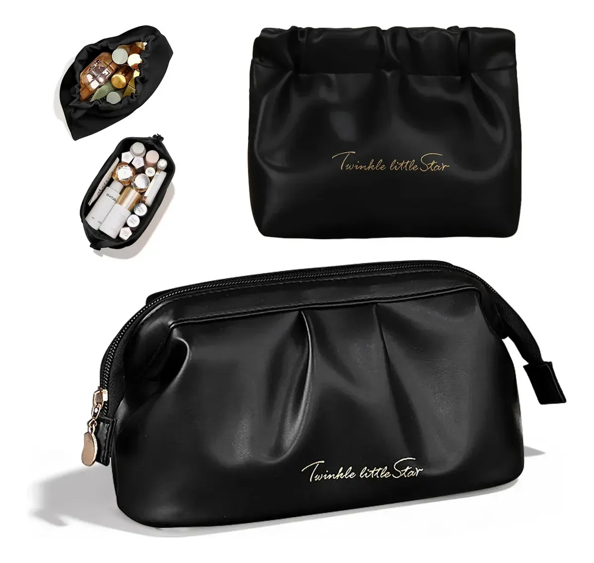 2 Bolsa de cosméticos e cosméticos, bolsa de maquiagem, bolsa de viagem feminina preta