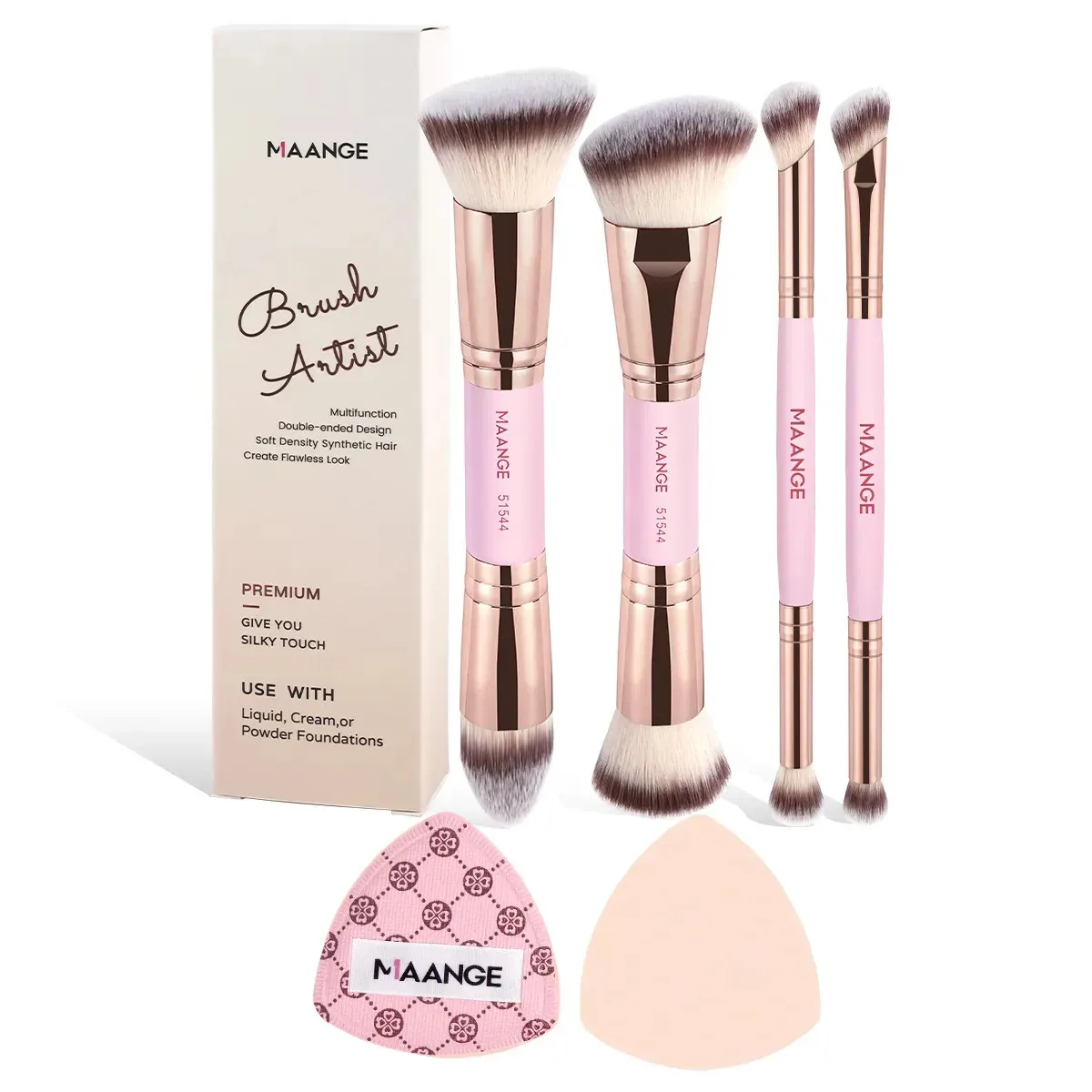 Conjunto de 4 pincéis de maquiagem profissionais e esponjas de maquiagem rosa