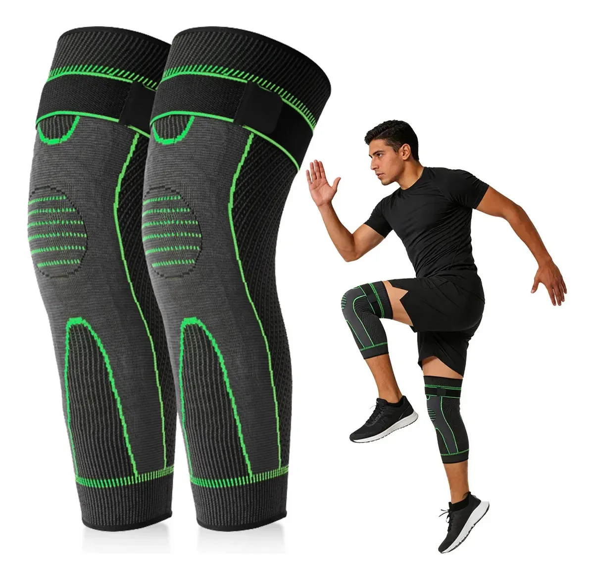 1 par de joelheiras esportivas, bandagens elásticas para correr, academia, cor verde, tamanho universal