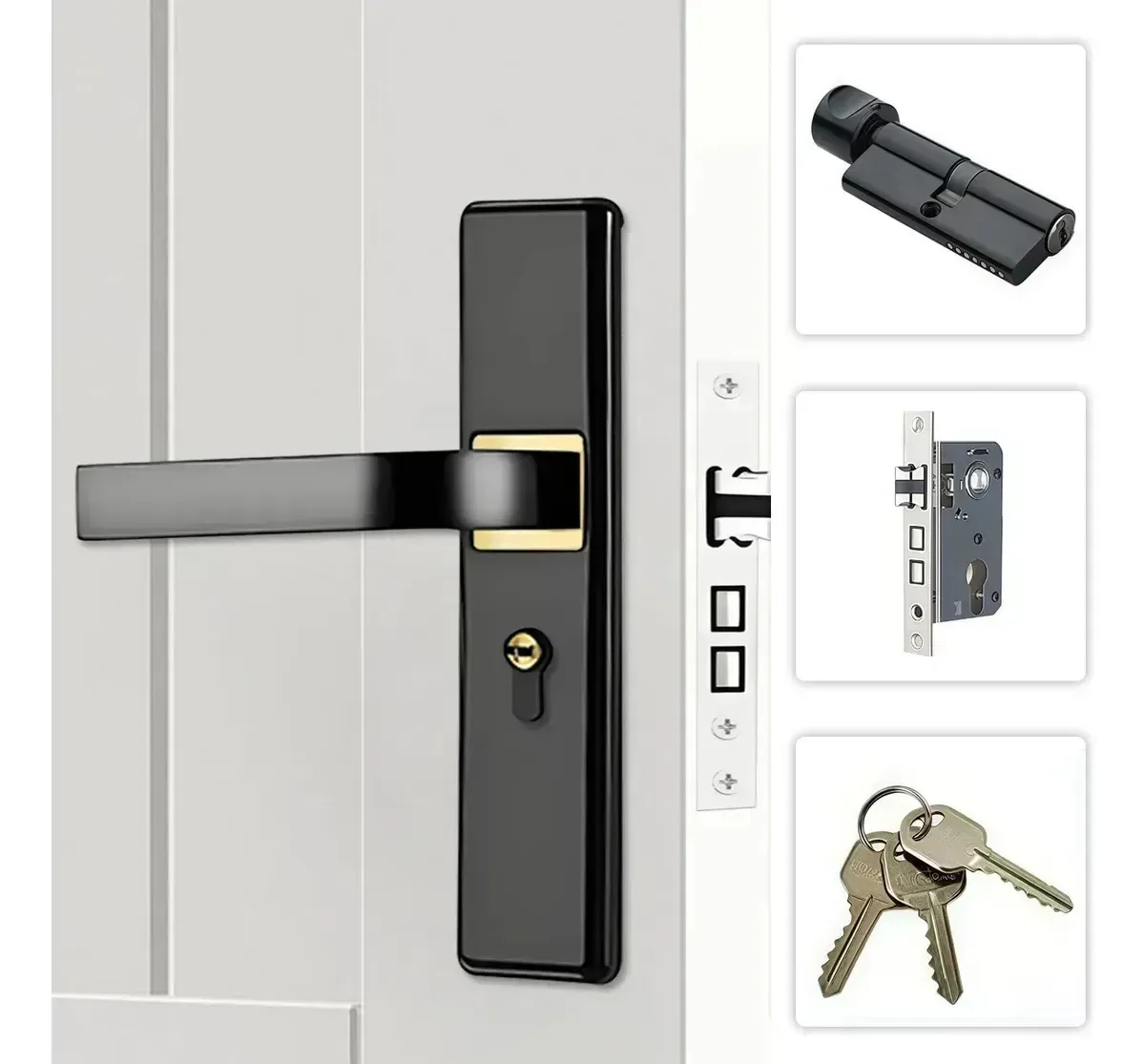 Fechadura folheada para portas de alta segurança com 3 chaves. Fechaduras para portas de quarto, banheiro e corredor em aço preto.