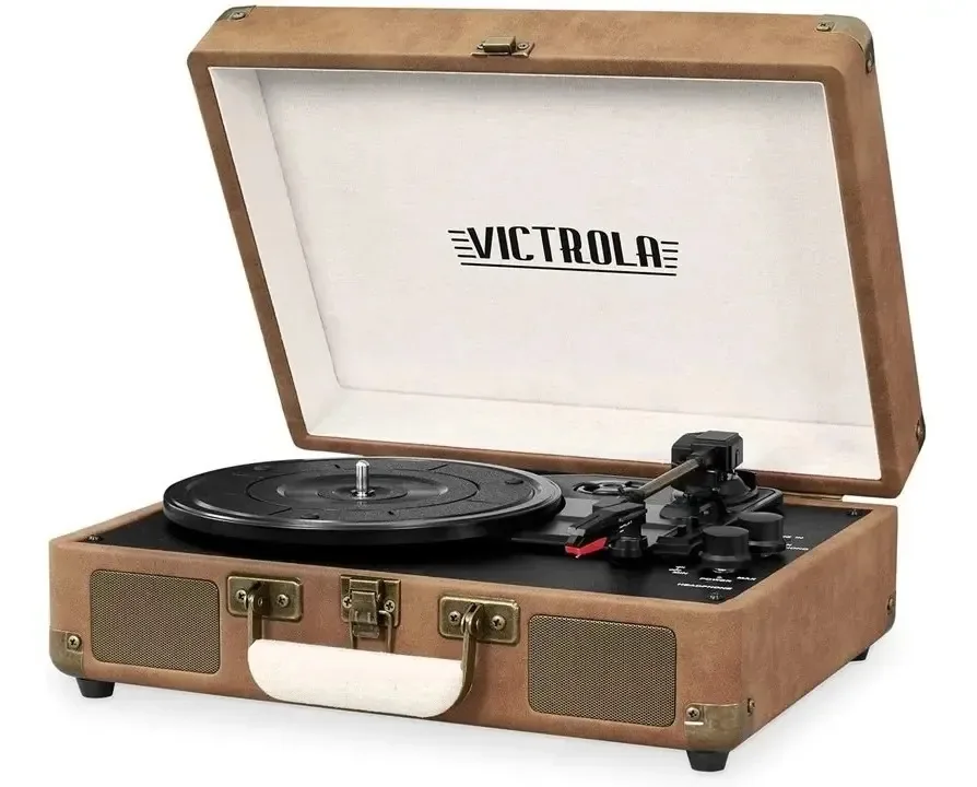 Toca-discos vintage Victrola Portfolio, portátil, Bluetooth, cor, café, camurça