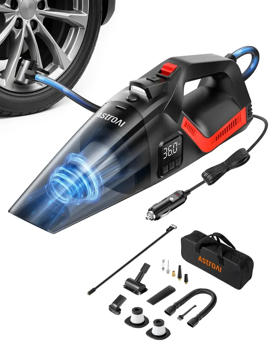 Aspirador po portatil 12v de pó automotivo 4 em 1 AstroAI e inflador de pneus portátil com acessórios, compressor de ar,visor digital de dois valores, bomba de ar para pneus de carro de 150PSI