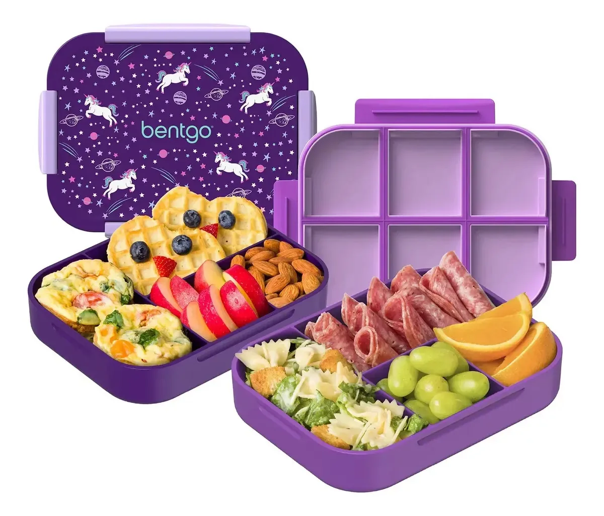 Kit de Lancheiras Bentgo: Kids Unicórnio e Fresh Adultos Roxa com 8 Compartimentos