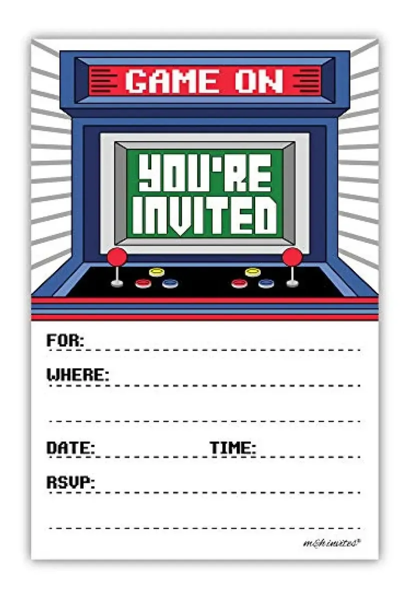 Arcade - Convites para festas de aniversário (pacote de 20) com envelopes e videogames