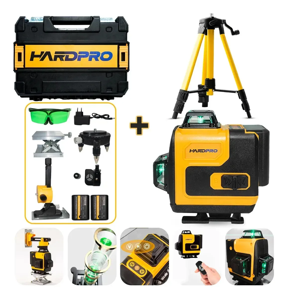 Kit de nível a laser Hardpro 3d de 16 linhas com baterias e tripé