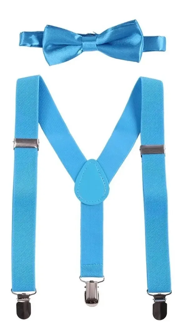 Conjunto de suspensórios, sutiãs e laço para meninos em tons de azul claro