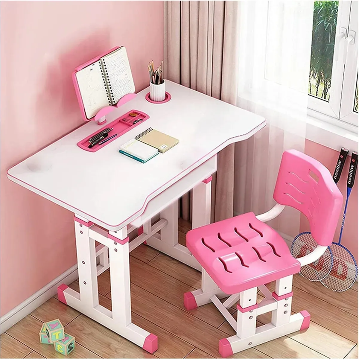 Conjunto de altura ajustável de mesa e cadeira para crianças rosa, altura ergonômica ajustável para crianças