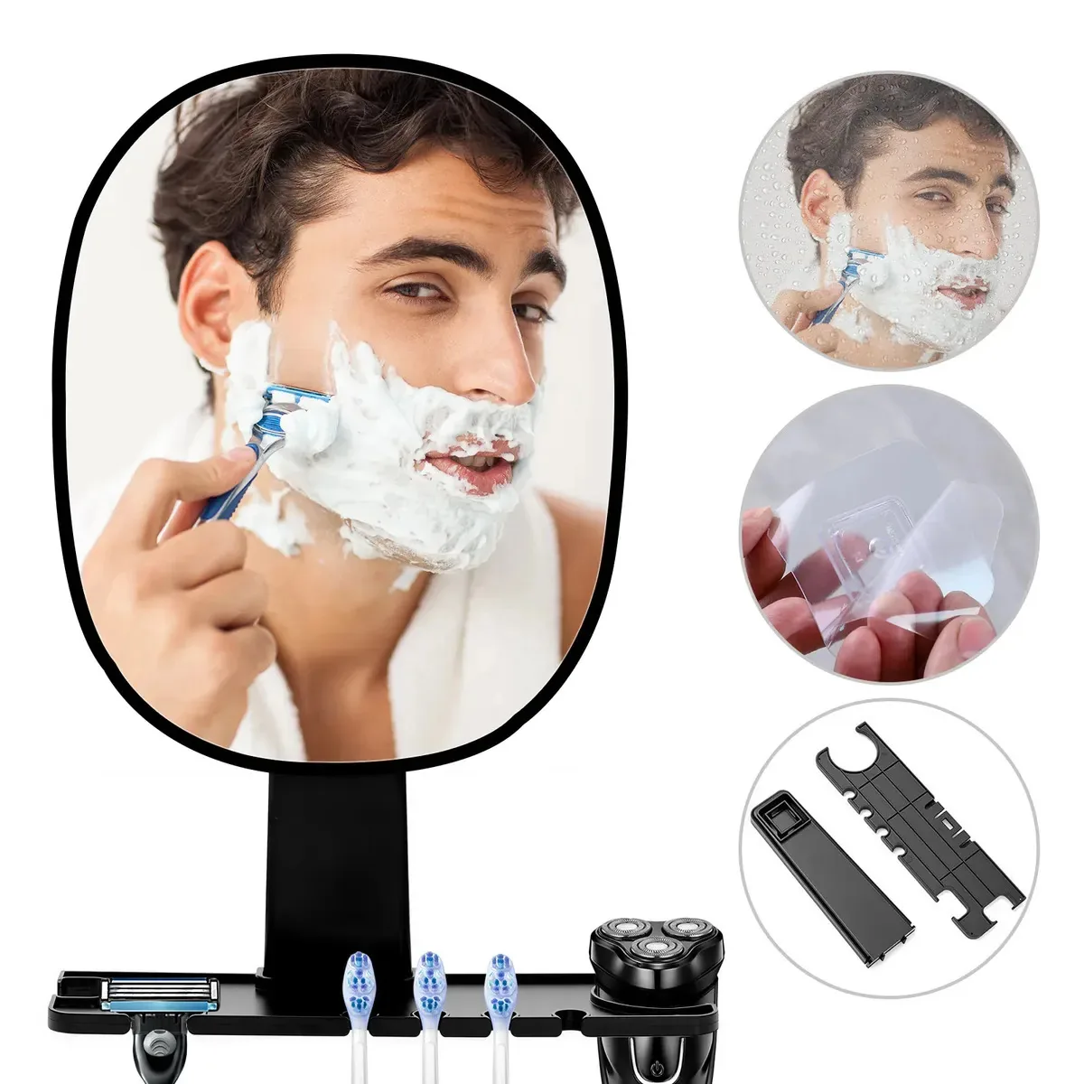 Espelho de barbear DACFBE com porta-navalhas, espelho de barbear para chuveiro, espelho de banheiro não perfurado, espelho de barbear com porta-navalhas, 2 ventosas (brancas), 1,0 unidade