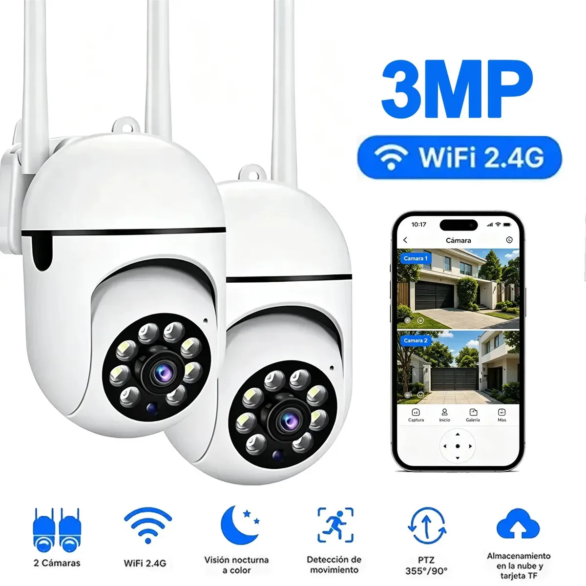 2 unidades de câmeras de segurança WiFi 2.4G Hd1080P 3MP 360° externas/internas com visão noturna, áudio bidirecional e alarme