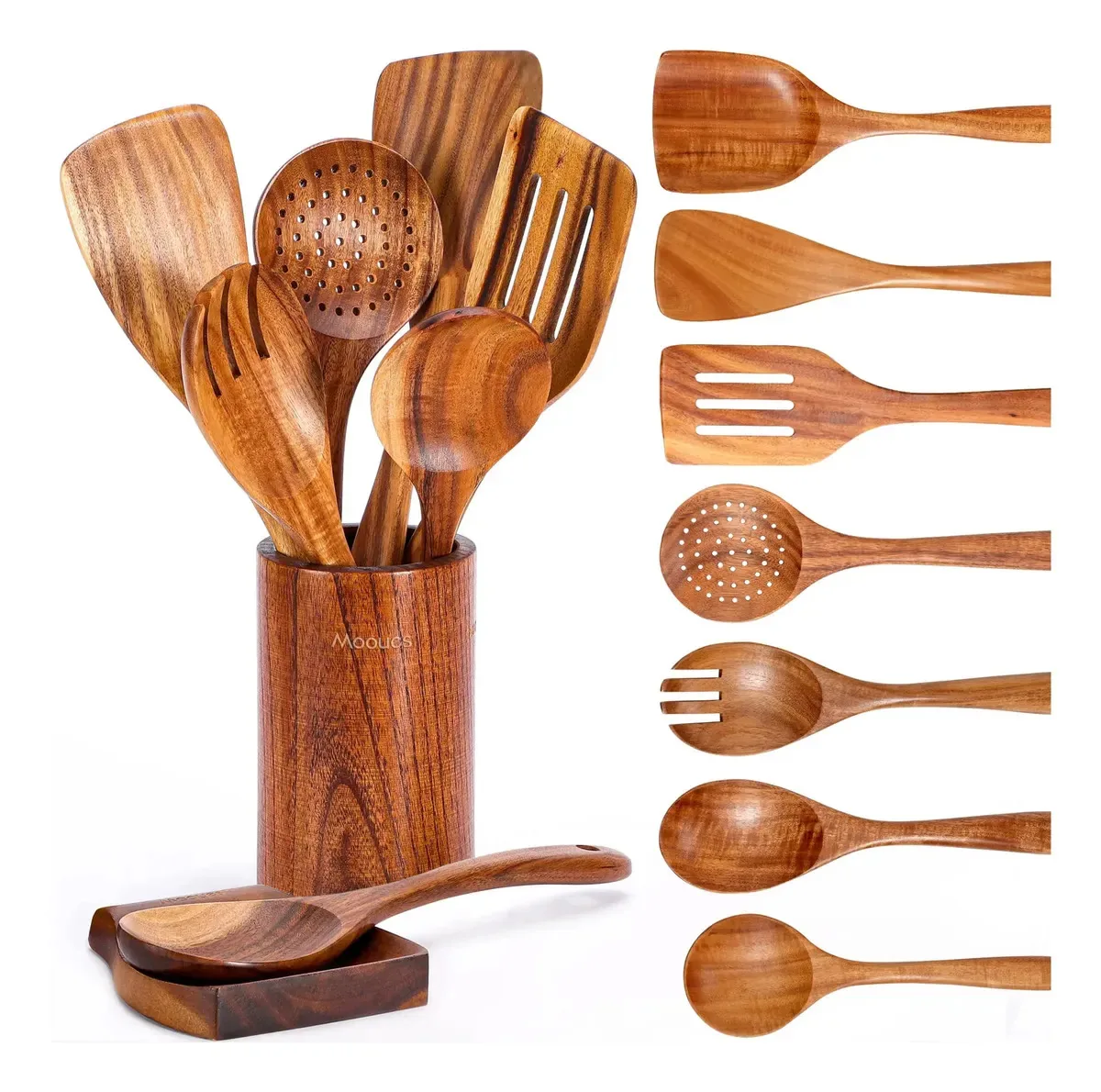Conjunto de utensílios de cozinha de teca natural de 9 peças