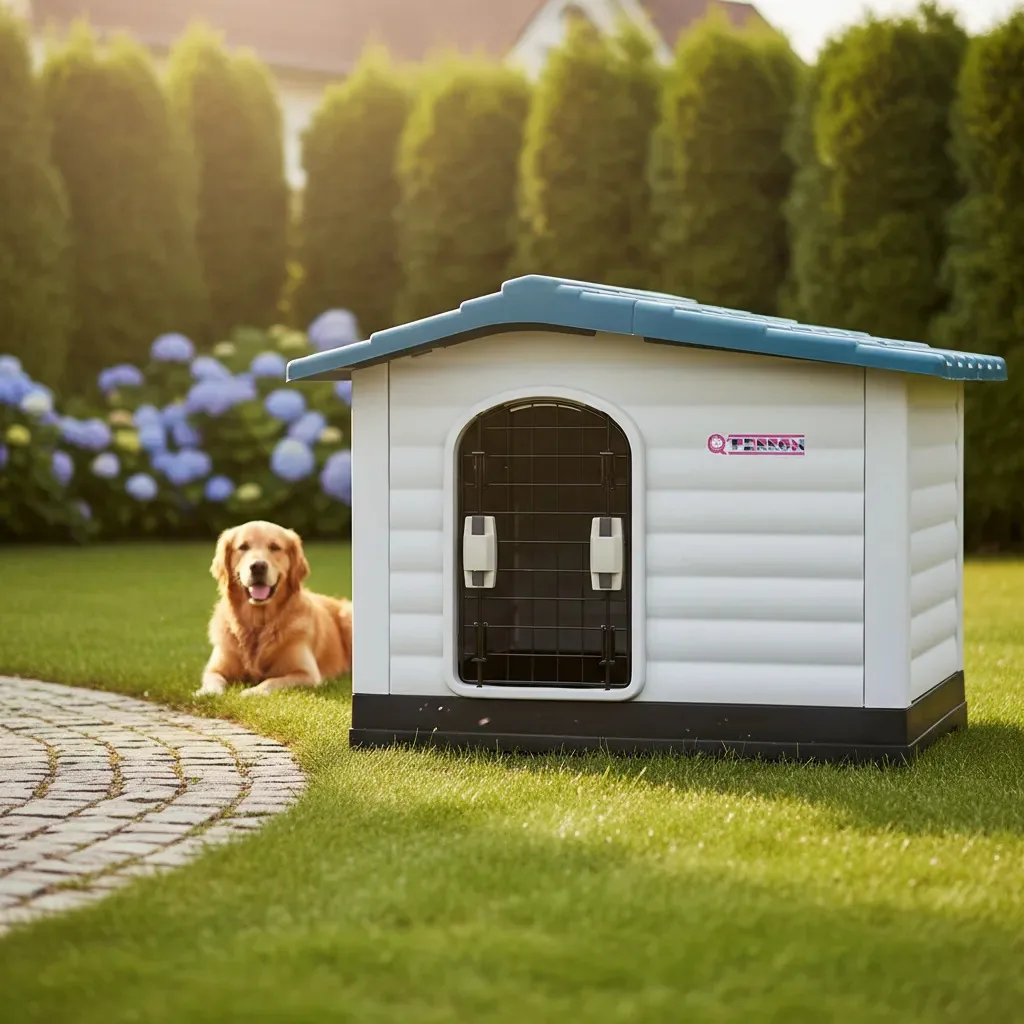 Casinha de cachorro ao ar livre de raça média com porta e 2 cores de acesso: aço, azul