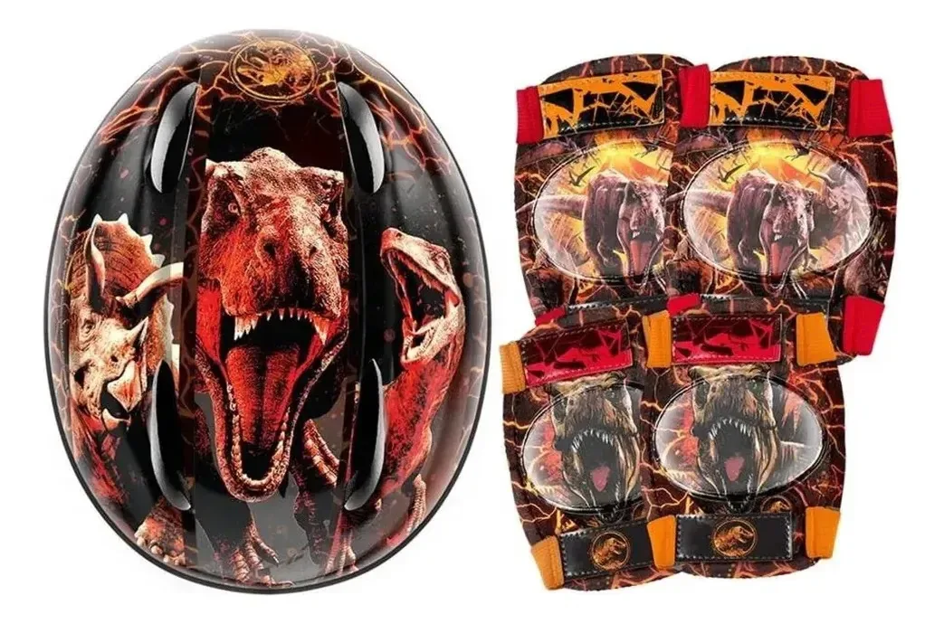 Kit de proteção infantil Jurassic World, capacete multicolorido e joelheiras
