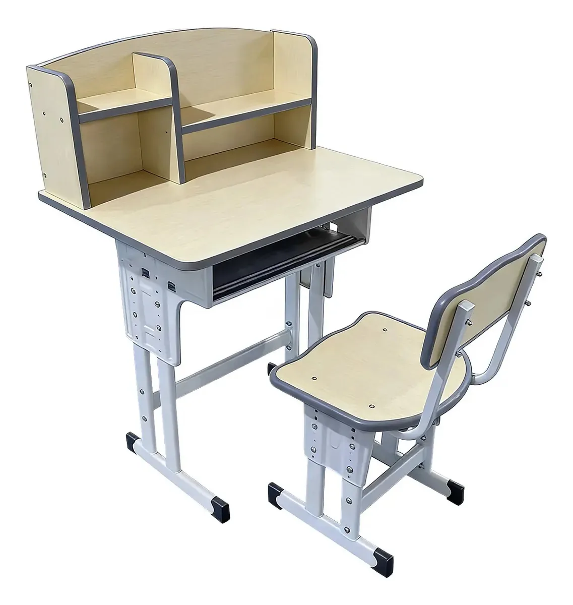 Mesa infantil com estante de livros, cadeira ajustável, marrom claro