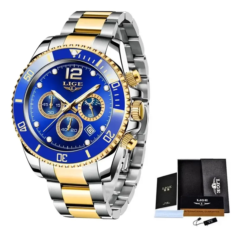 Relógios de pulso masculinos clássicos de quartzo, relógios impermeáveis, pulseira de prata, moldura dourada, fundo azul