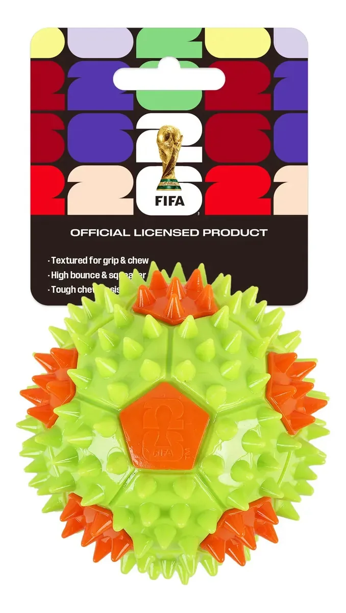 Bola para cães FIFA 2026 com pontas e som verde/laranja