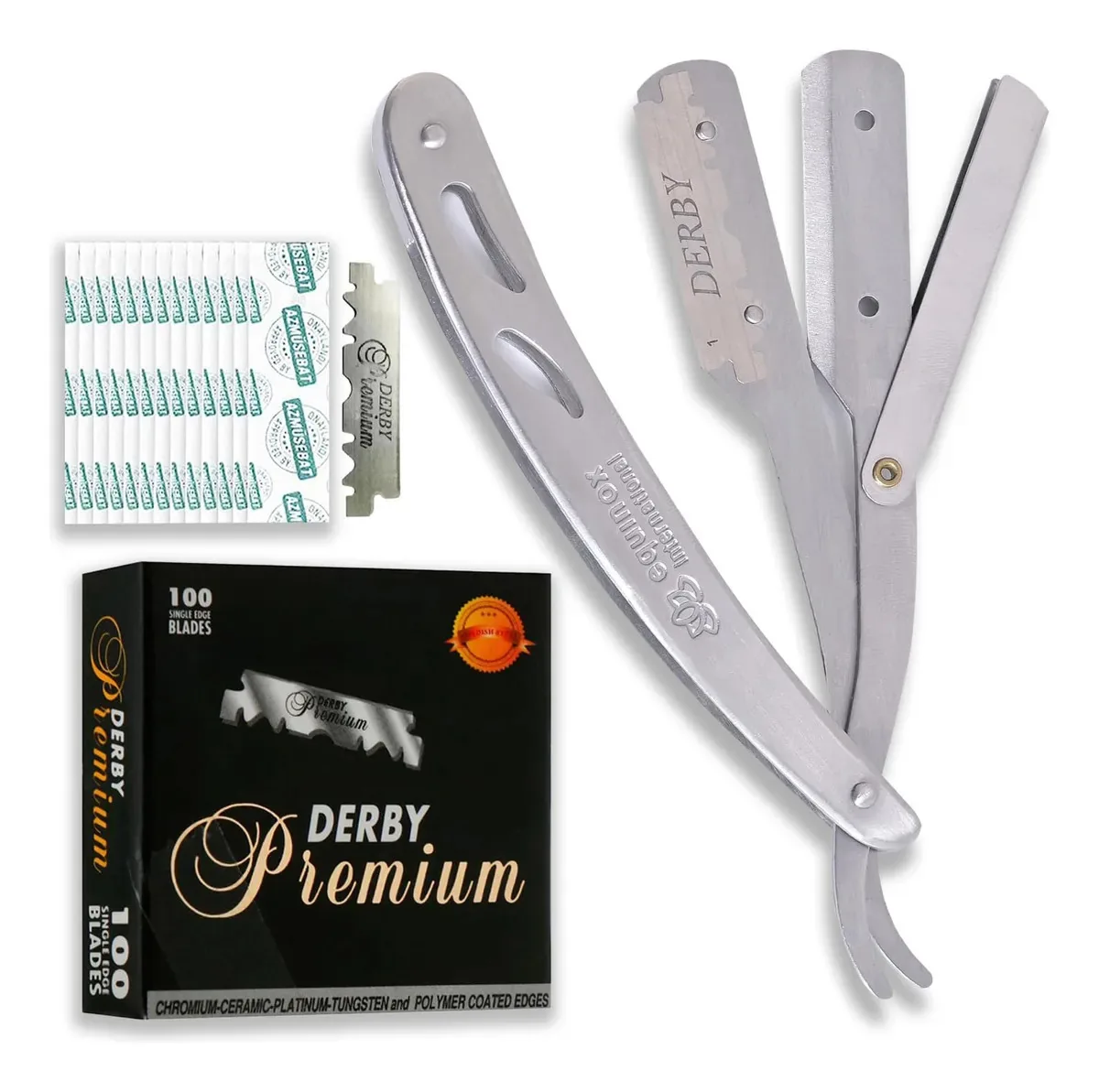 Lâmina de barbear reta profissional Equinox com lâmina de aço colorida de 100 lâminas com 100 lâminas Derby Premium
