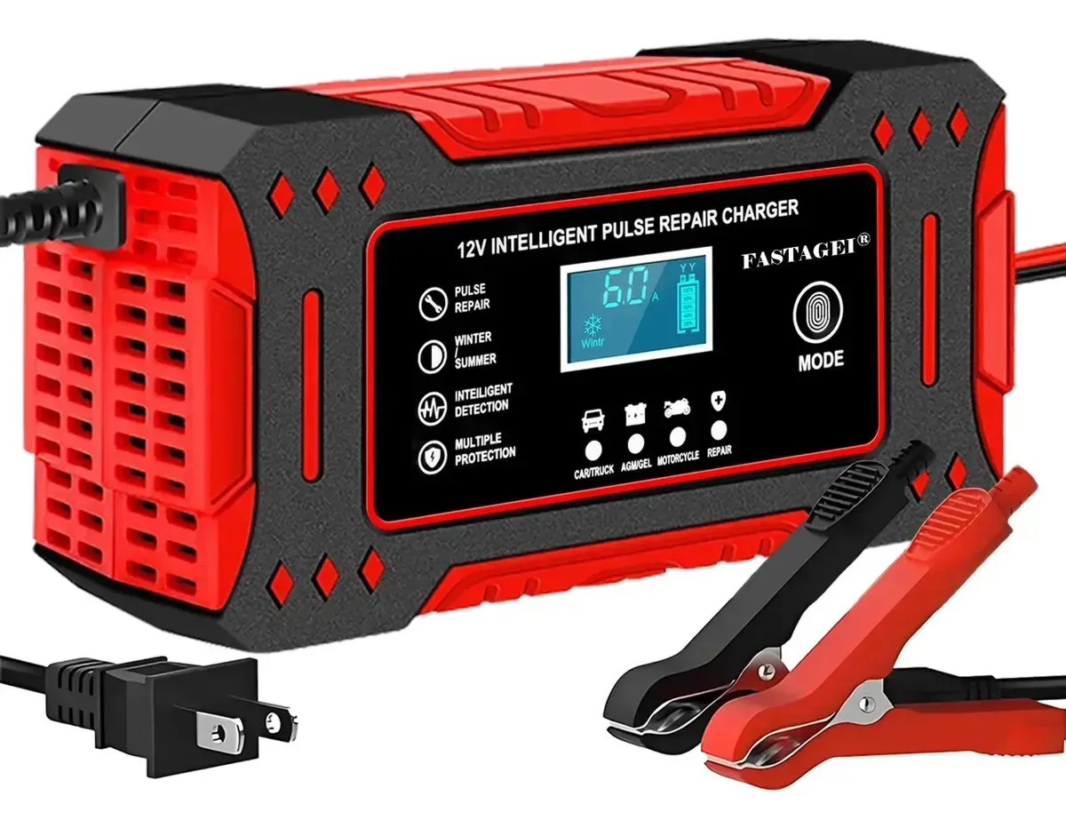 Carregador De Baterias Portátil 6a Para Plomo-ácido, Apto Para Motos E Automóveis. Carga inteligente em 4 etapas com manutenção automática e compensação de temperatura.