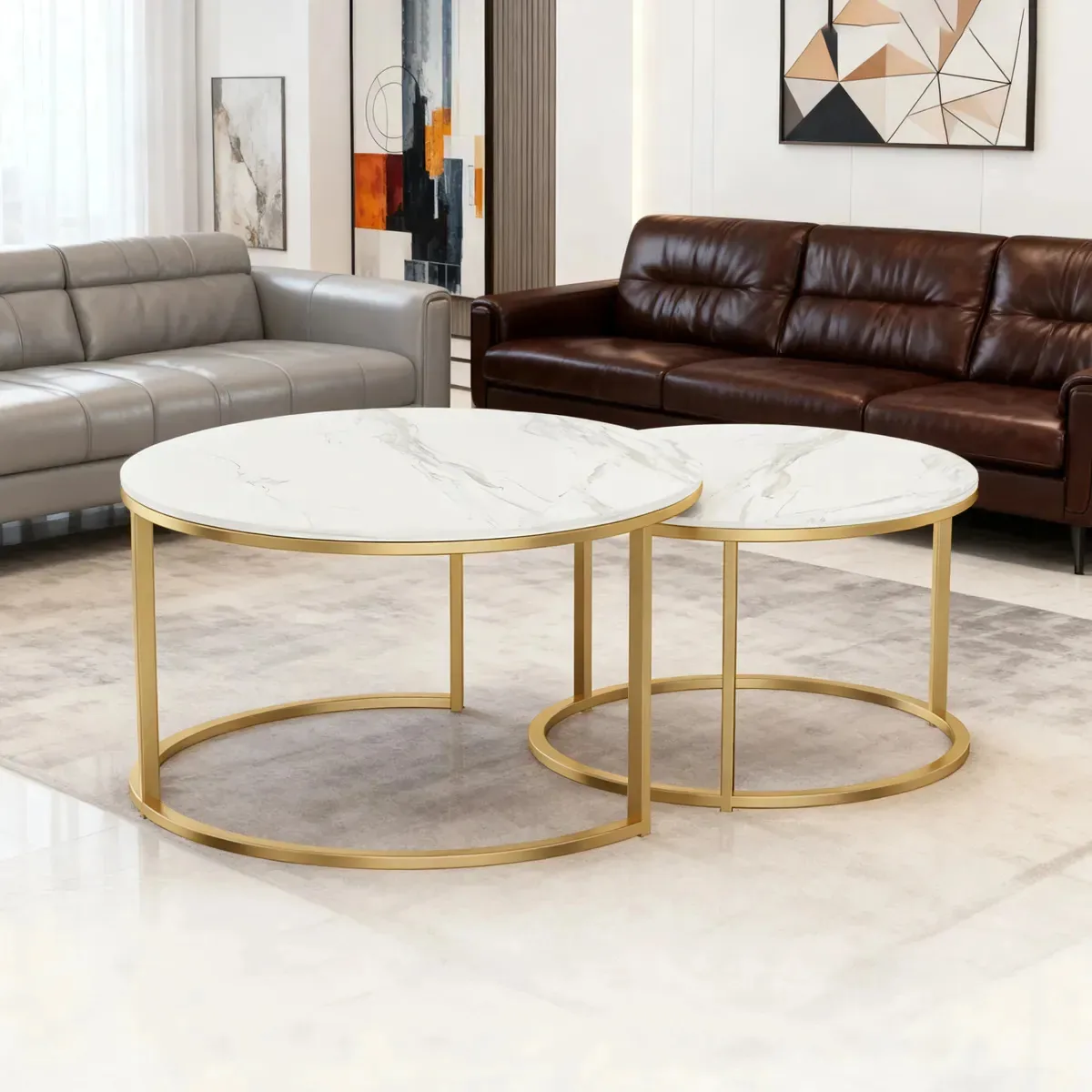 Sonheo 2 peças de mesas de café brancas 2 mesas auxiliares Mesas de café Natural Bull White Round Modera Metal Sala de estar 70* 45 cm e 50* 38 cm
