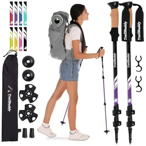 Bastões de caminhada leves e dobráveis Trailbuddy para sapatos de neve e equipamento de mochila, par de 2 bastões de caminhada, alumínio 7075 com alça de cortiça (roxo ameixa)