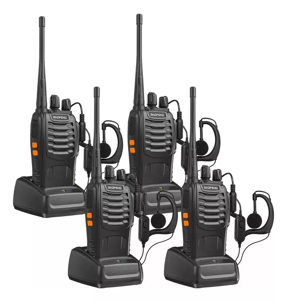 4 walkie-talkies pretos Baofeng — Walkie-talkies bidirecionais sem usar as mãos de longo alcance, incluindo fone de ouvido e microfone, bem como carregador e instruções.