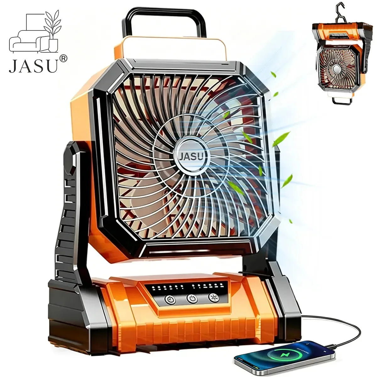 Ventilador portátil recarregável Jasu com luz LED, ventilador portátil sem fio de 20000 mAh, ventilador USB recarregável para viagens, casa, ventilador recarregável prático, ventilador de mesa laranja
