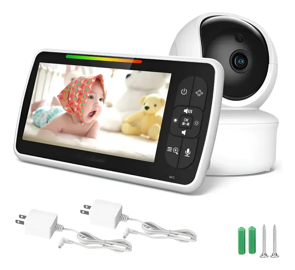 Monitor de bebê de 5 polegadas, Monitor de bebê com câmera, branco branco