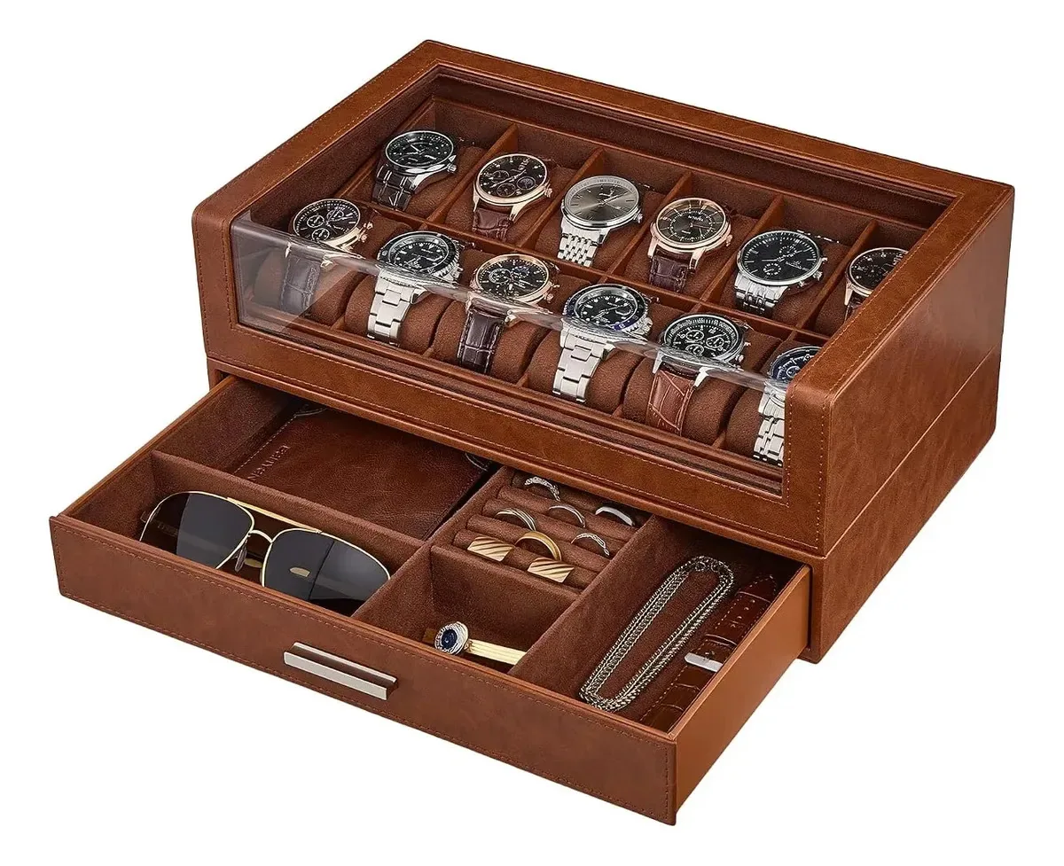 Caixa de relógio masculina com 12 slots e janela marrom