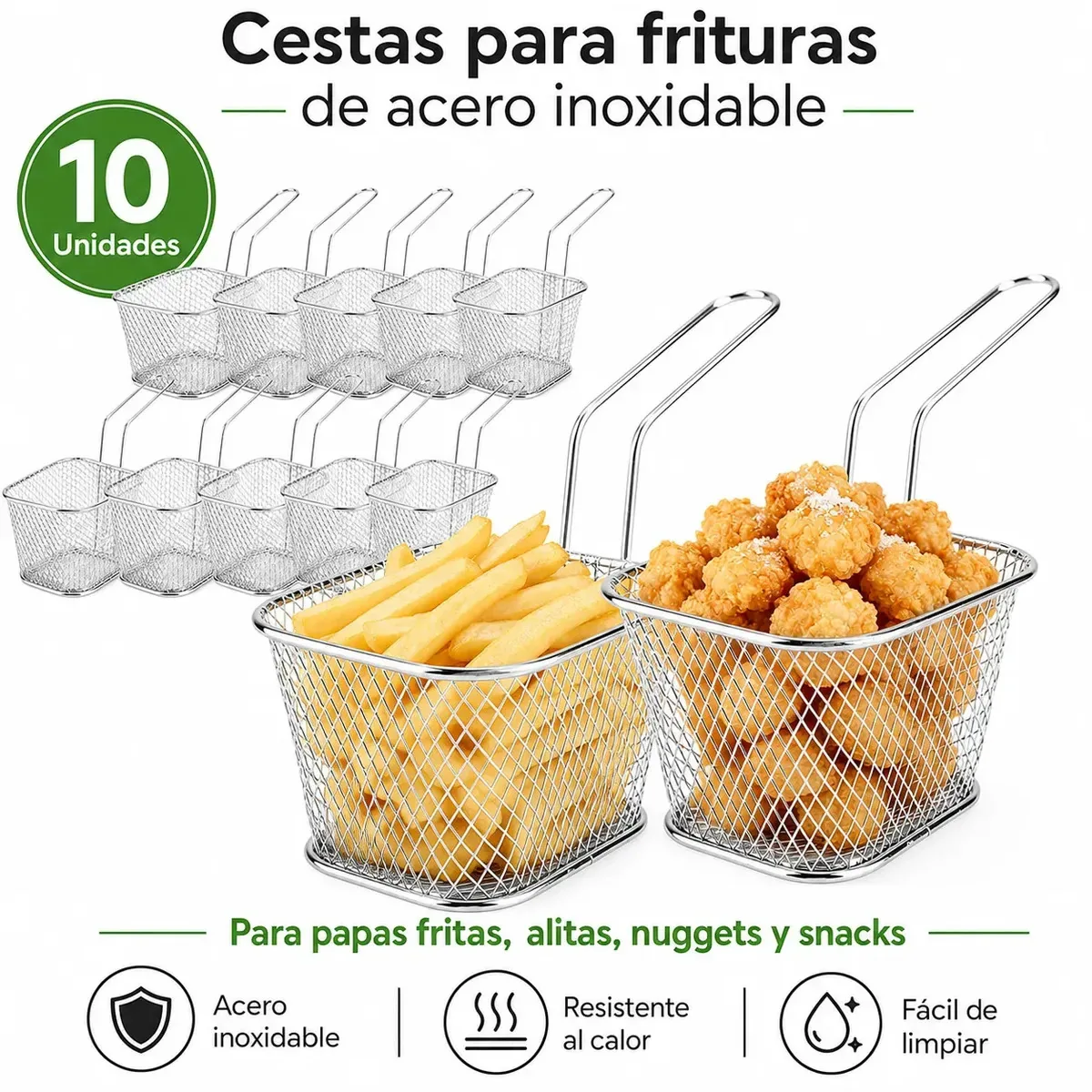 Conjunto de 10 cestos de fritadeira de aço inoxidável, mini cestos individuais de batatas fritas, adequados para uso comercial e doméstico em restaurantes, bares, cafés e comida caseira
