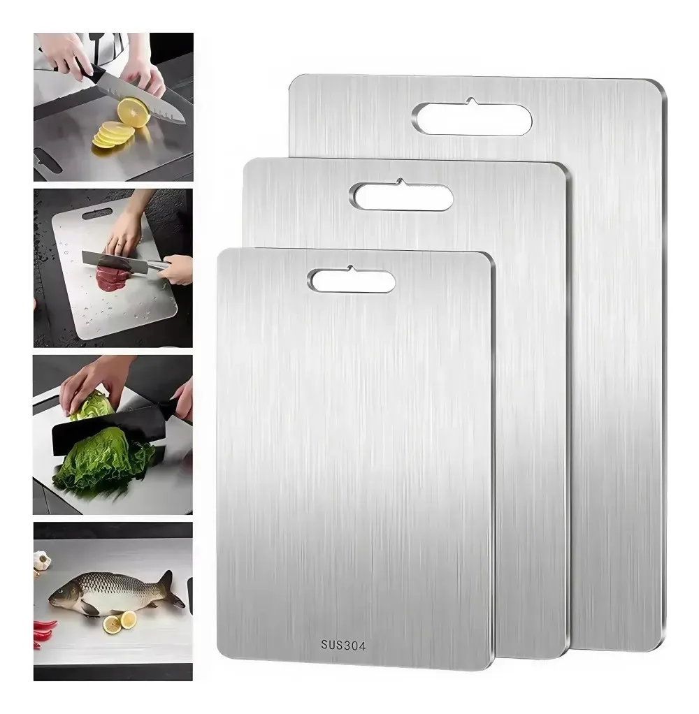 3 tábuas de cozinha de aço inoxidável para tábuas de cortar alimentos, tábuas de cortar cozinha com 3 tamanhos, para diferentes materiais alimentícios, duráveis, anticorrosivas, prateadas
