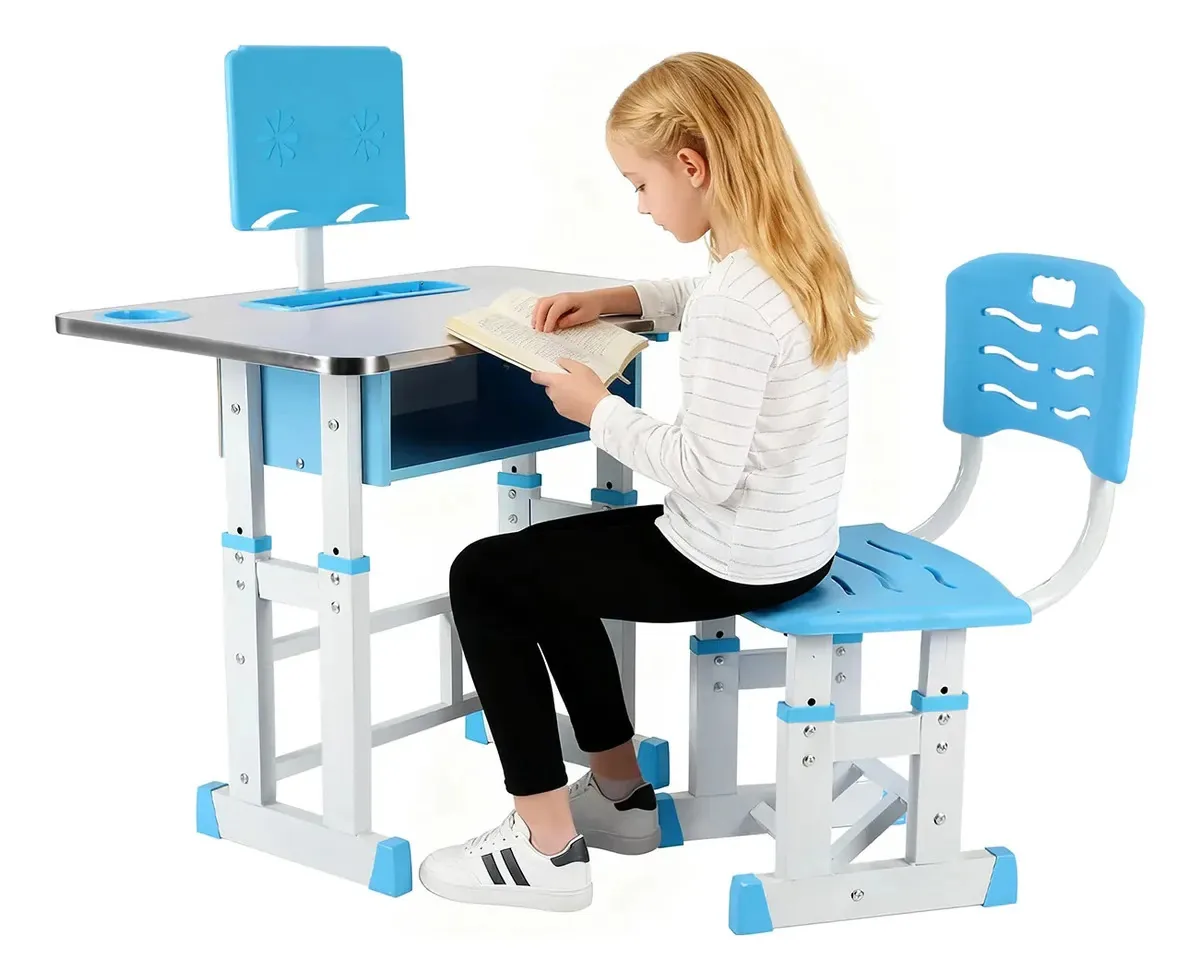 Mesa e cadeira infantis ajustáveis em altura com prateleira de aço azul, mesas e cadeiras escolares para crianças