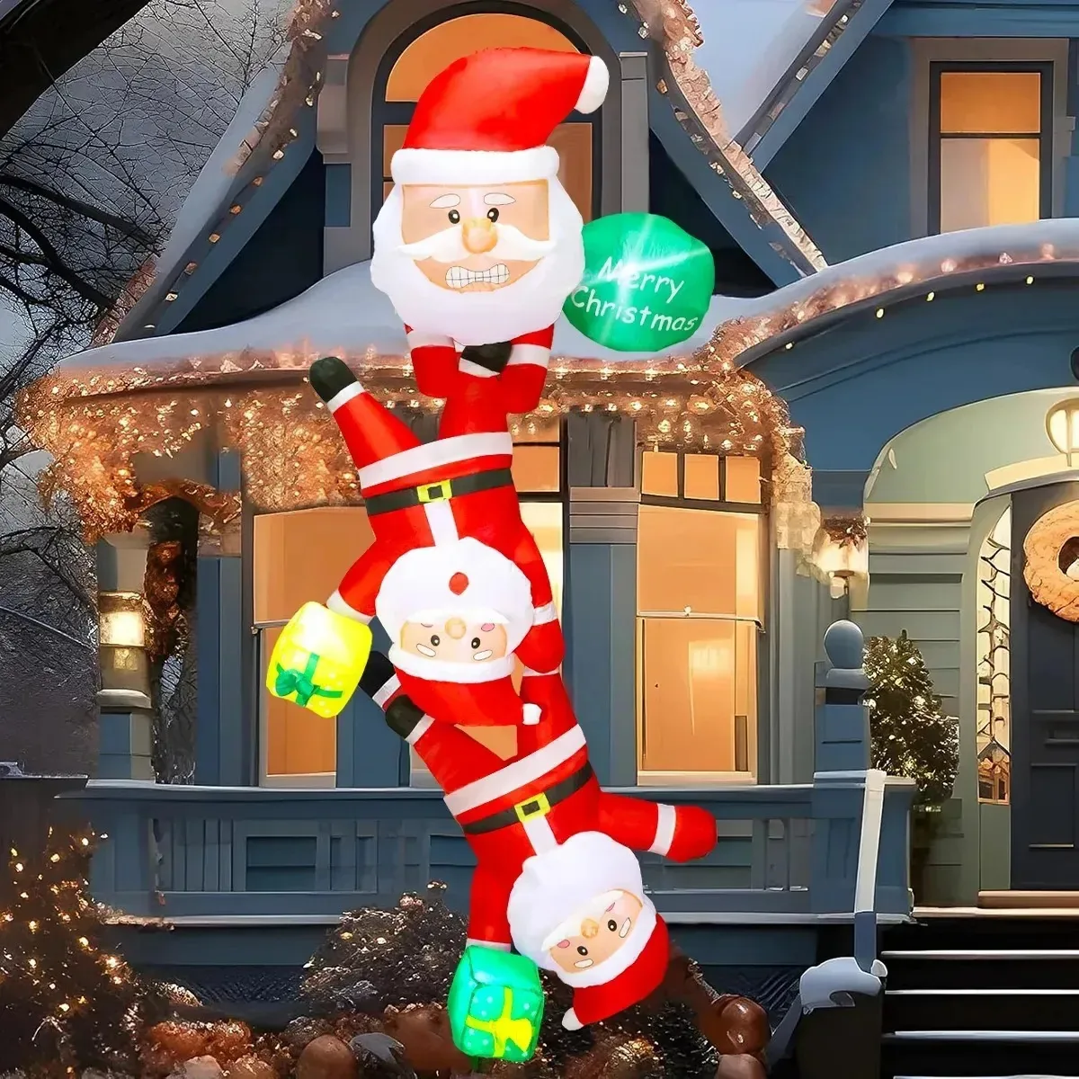 Boneca de Natal inflável de 245 cm, três Papai Noel escalando com luz, boneca inflável para Natal e Natal