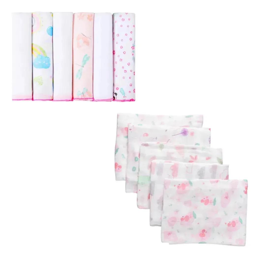 Kit 11 Peças - 5 Fraldas 60x60cm + 6 Paninho De Boca 30x30cm Feminino