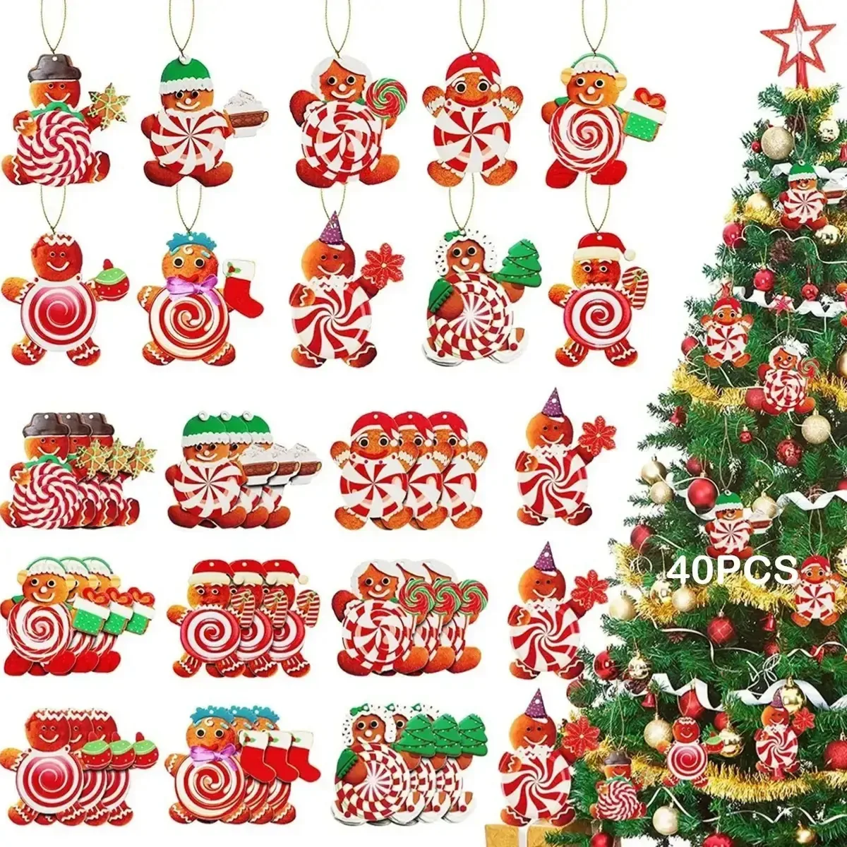 40 peças de enfeites masculinos, kit de decoração de árvore de Natal com gengibre
