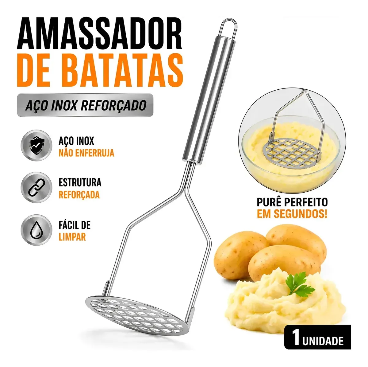 Amassador De Batatas Inox Legumes Feijão Tomate Espremedor Prateado
