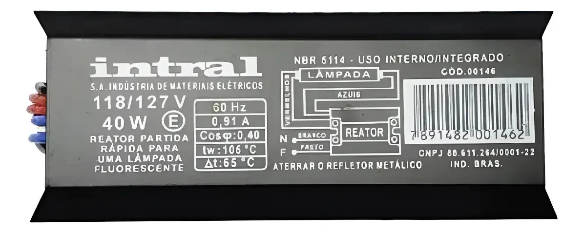 Reator Eletrico Partida Rapida 1x40w P/ Lampada Fluorescente