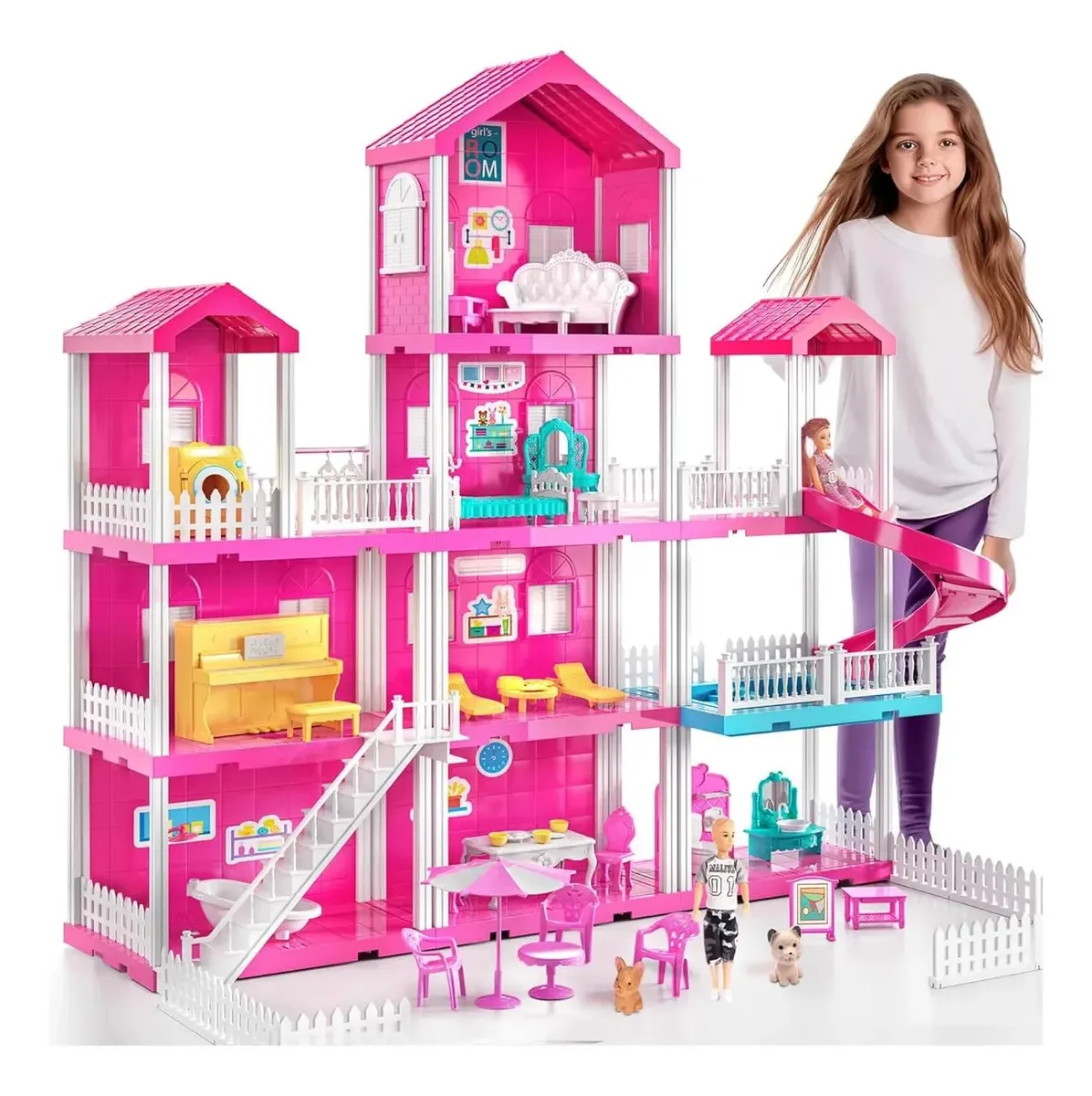 Casa de bonecas rosa de 4 andares com móveis e bonecas rosa