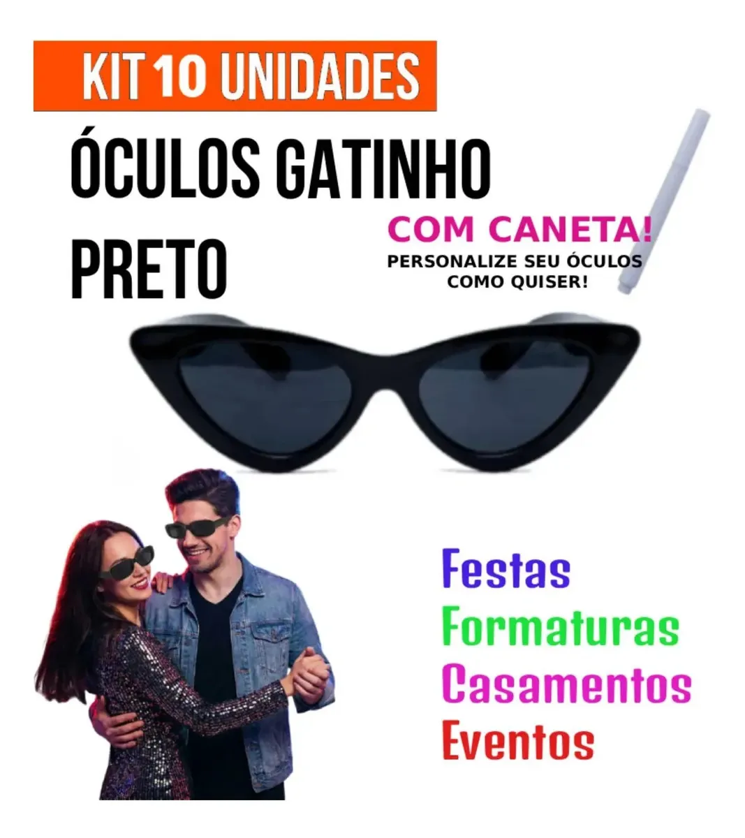 Kit 10 Oculos Gatinho Preto + Caneta Giz Branco Festa Evento Preto