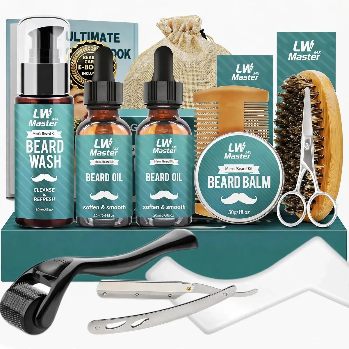 O kit de barba Lwmaster, kit de barbear com barbeador, inclui dois sachês de óleo para barba, limpador de barba, cera para barba, escova, pente e tesoura para cuidados faciais.