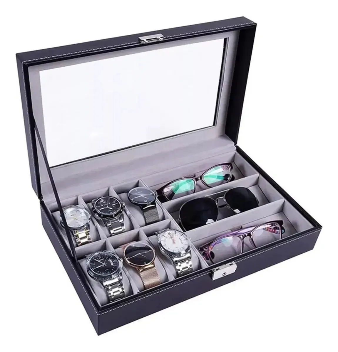 Caixa de joias Organizer para 6 relógios e 3 lentes, tela preta