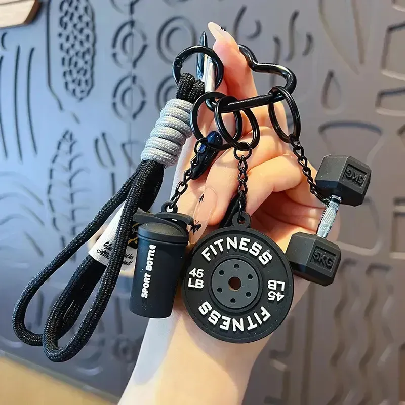 Conjunto de chaveiros de fitness de três peças: mini copo misturador de halteres, chaveiro de fitness rosa (com cordão), presente criativo, acessório de chave, preto, zeruvino