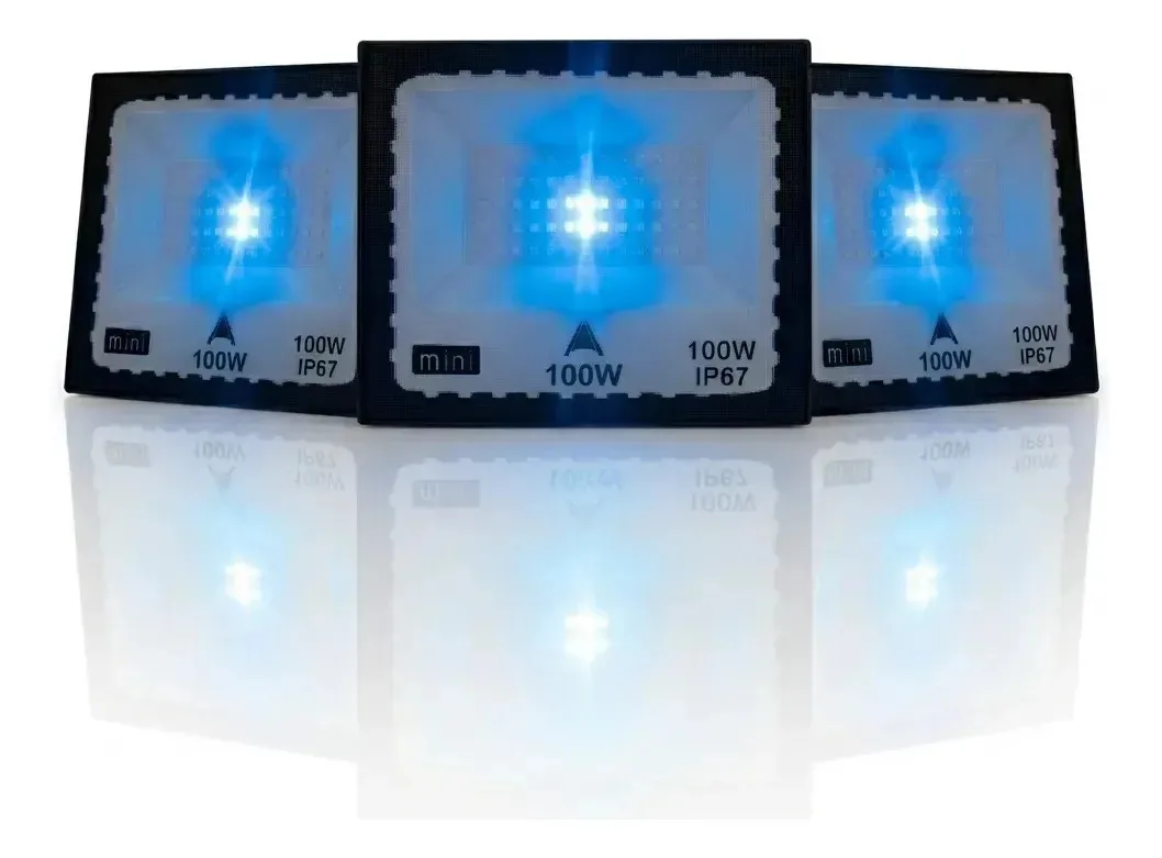 Kit 3 Refletores 100w Azul Ou Verdeip67 Prova Dágua Holofote Azul